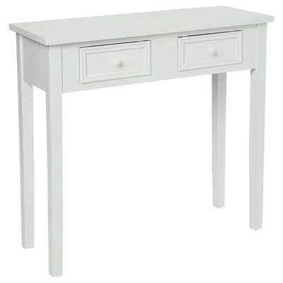 A white console table with two drawers against a white background.