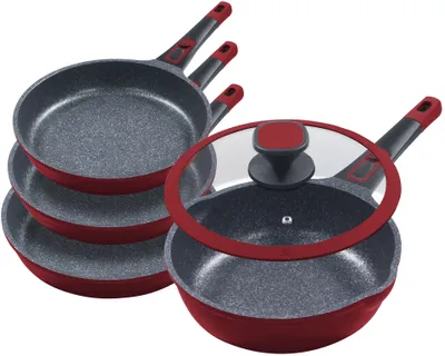 Produktbild von 5tlg. Profi-Bratpfannenset »Moonscape 4er« ROT Bratpfannen flach (Ø20cm Ø24cm Ø28cm) + Bratpfanne tief (Ø28cm) mit Glasdeckel