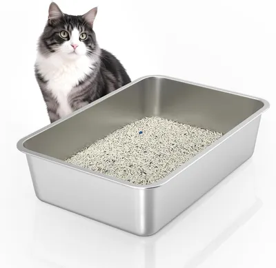 Productafbeelding van Rvs kattenbak, 60x40x15 cm, gemakkelijk schoon te maken, geschikt voor katten