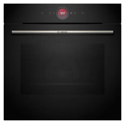A front view of a black Bosch oven with a silver handle and a digital display.