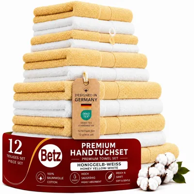 Produktbild von Betz 12-tlg. Handtuch-Set PREMIUM 2 Duschtücher 4 Handtücher 2 Gästetücher 2 Seiftücher 2 Waschhandschuhe Farbe: weiss / honiggelb