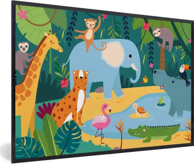 Produktbild von MuchoWow® Gerahmtes Poster Dschungel - Design - Tiere - Kind 90x60 cm - Poster mit Schwarzem Bilderrahmen Wandposter Rahmen Foto Bilder - Fotorahmen - Foto-Plakat