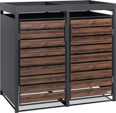A two-bin trash can enclosure with wooden-look doors and a planting roof.