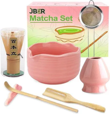 Produktbild von Matcha-Besen-Set in Rosa mit Halter, Schale, Sieb und Löffel - Japanische Accessoires