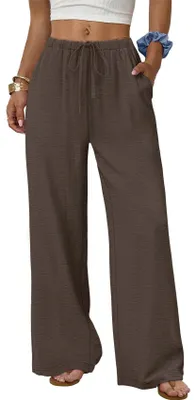 Produktbild von ASKSA Damen Sommerhose Weite Bein Hose Sommer Einfarbig Elegante Lose Leicht Freizeithose mit Taschen (Dunkelbraun,S)