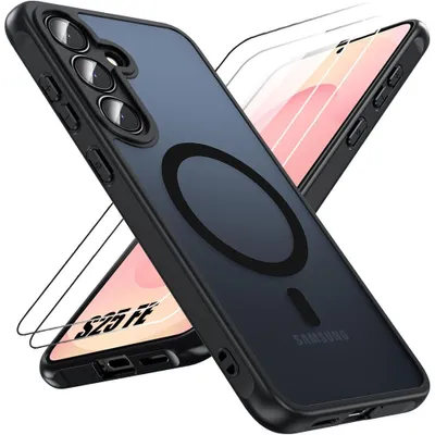 Image de Coque + 2 Verres Trempés pour Samsung Galaxy S25 FE, avec Anneau Magnétique et Vitre Caméra - Noir