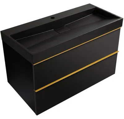 Immagine prodotto di CERANO - Mobile da bagno Velora - nero opaco, maniglia dorata + lavabo in marmo lit. con foro Vita - nero opaco - 100x63x46,5 cm