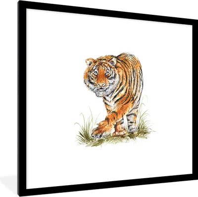 Produktbild von MuchoWow® MuchoWow® Gerahmtes Poster Tiger - Gras - Kopf 40x40 cm - Poster mit zchwarzem Bilderrahmen - Poster - Plakat im Rahmen