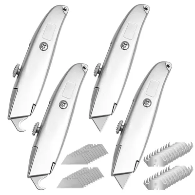Produktbild von 4 Stück Teppichmesser mit 20 Hakenklinge und 20 Trapezklinge: Universalmesser Hakenmesser aus Metall für Teppich- und PVC-Bodenbelägen, Silber