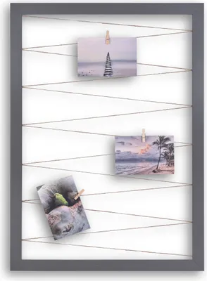 Produktbild von Fotohalter Pinnwand Fotorahmen (Hochformat) mit Juteband 20 Holzklammern Bilderrahmen inklusive CLAMARO Collage Flex, Flex Farbe:Stahlgrau, Quer/Hochformat Größe:40x60cm (Hochformat)