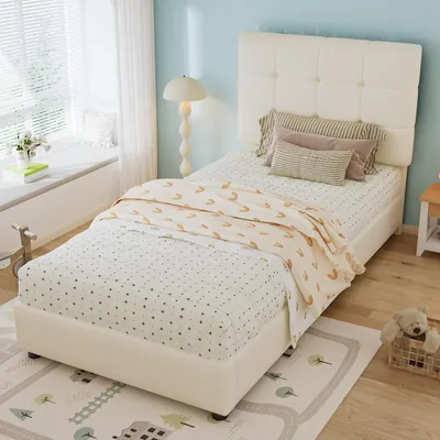 Image de okwish Lit simple 90x200cm pour enfants avec tête de lit rembourrée, lit adolescent avec bords anti-collision, sommier en lattes PU, beige (sans matelas)