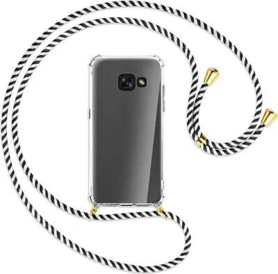 Produktbild von Handykette Backcover-Schutzhülle mit Band (Metall goldfarben) für Samsung Galaxy A3 2017 - schwarz/weiß gestreift