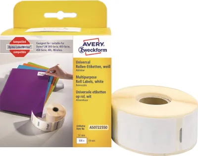 Produktbild von Avery Zweckform AS0722550, Rollen-Etiketten, 19 x 51  mm, 500 Etiketten / 1 Rolle, weiß