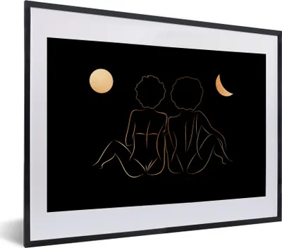 Produktbild von MuchoWow® Gerahmtes Poster Frauen - Mond - Gold - Strichzeichnung 40x30 cm - Poster mit Schwarzem Bilderrahmen Wandposter Rahmen Foto Bilder - Bilderrahmen - Poster im Rahmen