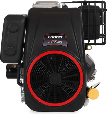 A black engine with red accents and a yellow cap.