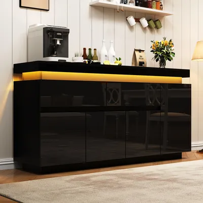 Produktbild von Merax Sideboard mit LED-Beleuchtung, Kommode mit 2 Schubladen und 4 Türen, Wohnzimmerschrank mit großem Stauraum, Hochglanz Schwarz