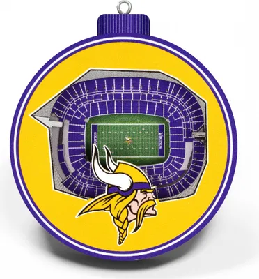 A Minnesota Vikings NFL ornament featuring a stadium and team logo.
