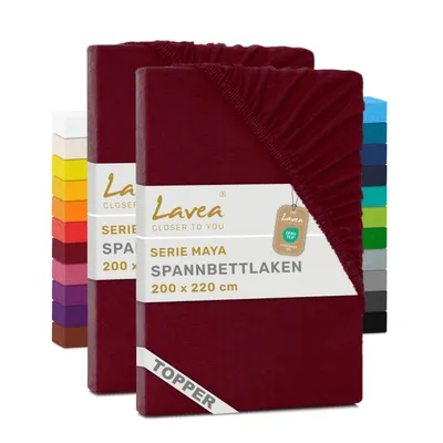 Zdjęcie produktu dla Zestaw 2 sztuk prześcieradeł elastycznych Lavea® o wymiarach 200x220 cm, wykonanych w 100% z bawełnianej dzianiny – do materacy o grubości do 12 cm – miękkie, kolor bordo