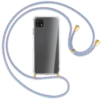 Produktbild von Handykette Backcover-Schutzhülle mit Band (Metall goldfarben) für Samsung Galaxy A22 5G (A226) - pink/mint