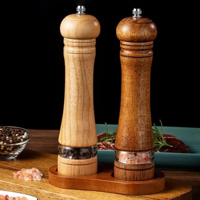 Produktbild von Salz- & Pfeffermühlen, Holz-Gewürzmühle mit Keramikmahlwerk, einstellbarer Schleifgrad, Gewürzmühlen 2er-Set, manuelle Salzmühle, klare Schicht