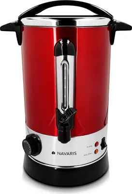 Produktbild von Navaris Glühweinkocher Heißwasserspender aus Edelstahl - 6,8l - mit Thermostat Füllstandanzeige Zapfhahn - Glühwein Heißgetränkeautomat Rot