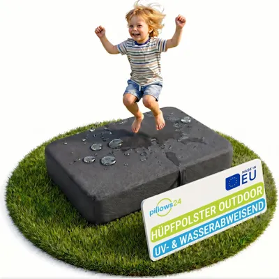 Zdjęcie produktu dla Pillows24 – poduszka do skakania na świeżym powietrzu dla dzieci | Poduszka do skakania 70 x 110 x 17 cm | Pióra i pianka | Trampolina dla dzieci | Mata do skakania | Zdejmowany pokrowiec