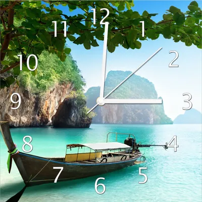 Produktbild von Wallario Design Wanduhr Fischerboot in Thailand  blaues Meer und Steinfelsen aus Echtglas, Größe 30 x 30 cm