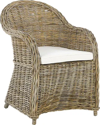 Produktbild von BELIANI Gartensessel Natürlich Rattan mit hoher Rückenlehne Auflage Cremeweiß Baumwolle Terrasse Balkon Außen Wohnzimmer Gartenzubehör im Retro Stil