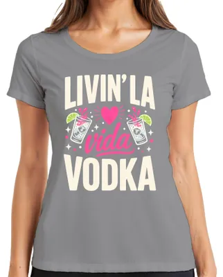 Zdjęcie produktu dla Koszulka damska "Livin' La Vida Vodka Party", idealna na wieczór panieński, kolor: szary, rozmiar: M. Nadruk: "Alkohol, picie, koktajle, limonka, wieczór panieński"