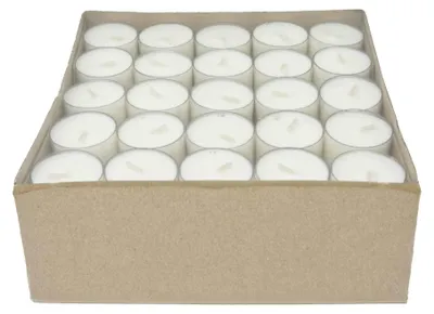 Zdjęcie produktu dla Świeczki typu tealight wosk rzepakowy 100 sztuk, 4 godziny czasu palenia, bezzapachowe, białe, na imprezę