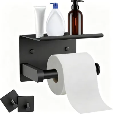 Imagen del producto de Soporte para papel higiénico 2 en 1 con espacio para el teléfono, acero inoxidable cepillado, para montaje en pared o con adhesivo, con 2 ganchos