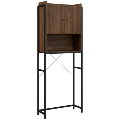 Image de kleankin Meuble étagère dessus WC étagère de salle de bain placard 2 portes et niche - 68 x 25,5 x 172,5 cm marron noir