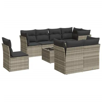 Produktbild von vidaXL 9-tlg. Garten-Sofagarnitur mit Kissen Hellgrau Poly Rattan