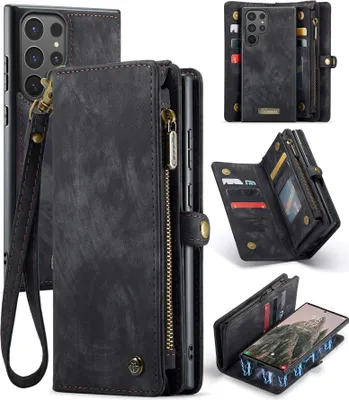 Produktbild von Schutzhülle für Samsung Galaxy S25 Ultra, Vintage Multifunktions Lederhülle, Kartenfächer, Reißverschluss Hülle Schwarz