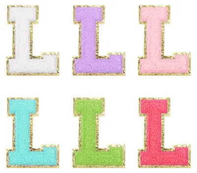 Produktbild von Chenille-Buchstaben zum Aufbügeln - Selbstklebend mit Glitzer-Goldrand - Für Kleidung Taschen Laptop und Handyhüllen - 6 Stück Buchstabe L