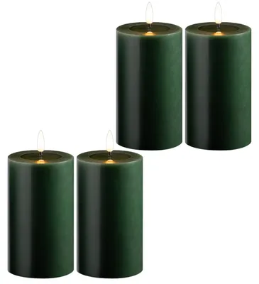 Produktbild von 4x LED Stumpenkerze mit Timer 6 Stunden grün Echtwachs LED warmweiß 7,5cm ø 12,5cm Höhe - 2 AA Batterien nötig LED Echtwachskerze mit Flackereffekt flammenlose Stumpenkerze LED Kerze