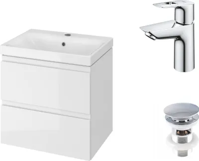 Produktbild von VBChome Badmöbel 50 cm Weiß mit GROHE Armatur Chrom und Pop-up ventil Waschbecken mit Unterschrank 2-Schubladen Hängeschrank GROHE Armatur 23337001