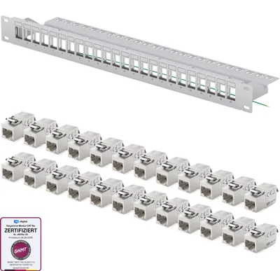 Produktbild von hb-digital Patchfeld 19 zoll 24-Port mit CAT 6a RJ45 Keystone Module grau 1HE