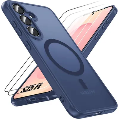 Image de Coque + 2 Verres Trempés pour Samsung Galaxy S25 FE, avec Cercle et Protection Caméra Anti-Rayures Bleu Marine