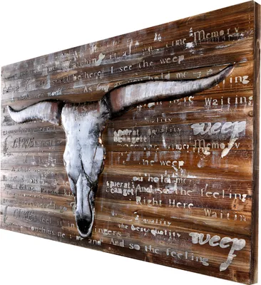 Image de Tableau métallique en bois fait à la main Buffalo Skull L=115,5 xH=75 cmP=7,5cm