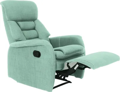 A mint green recliner chair with the footrest extended.