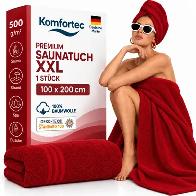 Produktbild von Komfortec Saunatuch 100x200 cm XXL, 100% Baumwolle, 500 g/m², extra große und weiche Duschtücher, saugstark & schnelltrocknend, Rot