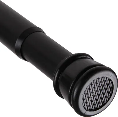 A close-up view of the end of a black adjustable tension rod.
