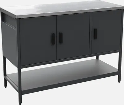 A dark gray outdoor kitchen cabinet with a silver countertop and a lower shelf.