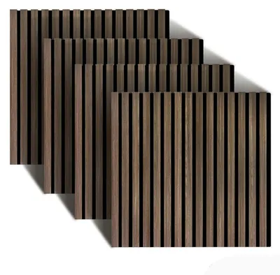 Immagine prodotto di Pannelli acustici Relaxdays, set da 4, 60 x 60 cm, isolamento acustico e rivestimento murale, impiallacciatura di rovere, pannelli da parete, marrone scuro