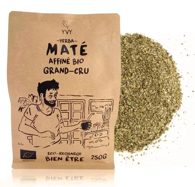 Imagen del producto de YVY MATÉ – Yerba Mate Grand Cru, añejada durante 24 meses, 250 g. Sin humo, sin tallos ni polvo, de sabor suave y naturalmente dulce