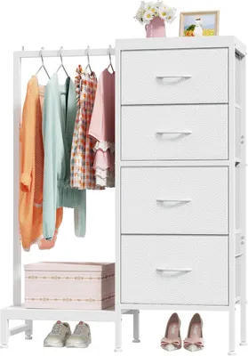 Imagen del producto de Armario de tela con 4 cajones y barra para colgar, 111 cm, blanco, para dormitorio