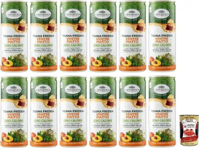 Produktbild von 12x L' Angelica Tisana a Freddo Ventre Piatto,Kalter Kräutertee,Geschmack von Pfirsich, Fenchel und Minze,Kalorienfrei,Zuckerfrei,Einwegdose 240ml + Italian Gourmet Polpa di Pomodoro 400g Dose