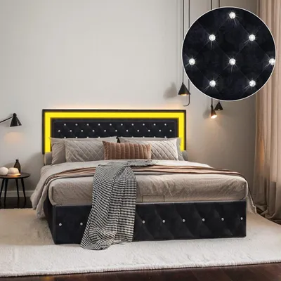 Immagine prodotto di Letto imbottito Fortuna Lai 160x200 cm con illuminazione a LED, rete idraulica, rete a doghe e testata regolabile in altezza, letto di design in velluto