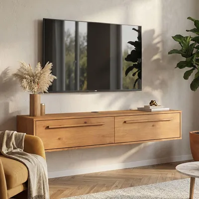 Produktbild von Lowboard TECCA 145 cm mit 2 Türen, Eiche Finish – hängendes TV Board aus massivem Kiefernholz, modernes Design mit Klappenbeschlägen, platzsparend für Wohnzimmer & Flur
